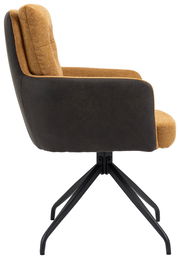 Moderner Sessel mit braunem Stoffbezug und schwarzem Metallgestell, Seitenansicht.