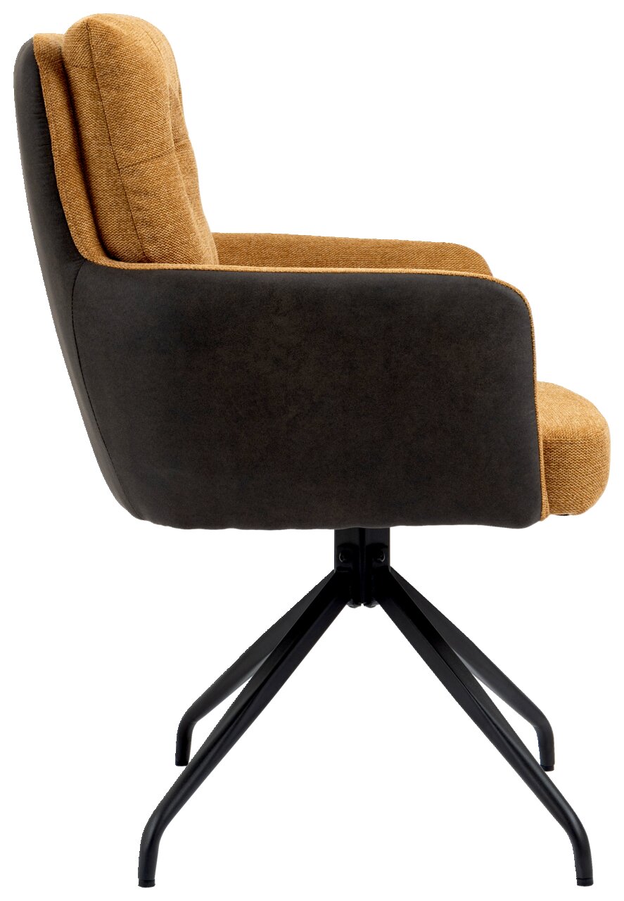 Moderne fauteuil met bruine stoffen bekleding en een zwart metalen frame, gezien vanaf de zijkant.