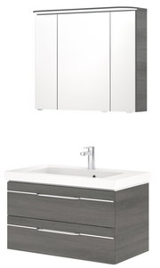 Moderner Badblock mit Spiegelschrank und Waschbecken, Frontalansicht