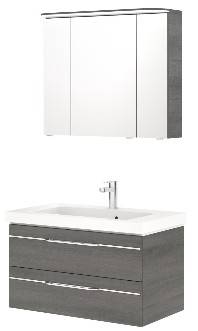 Moderner Badblock mit Spiegelschrank und Waschbecken, Frontalansicht