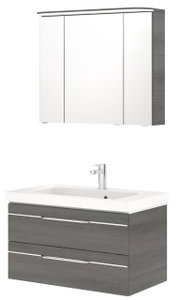 Modern badkamermeubel met spiegelkast en wastafel, vooraanzicht