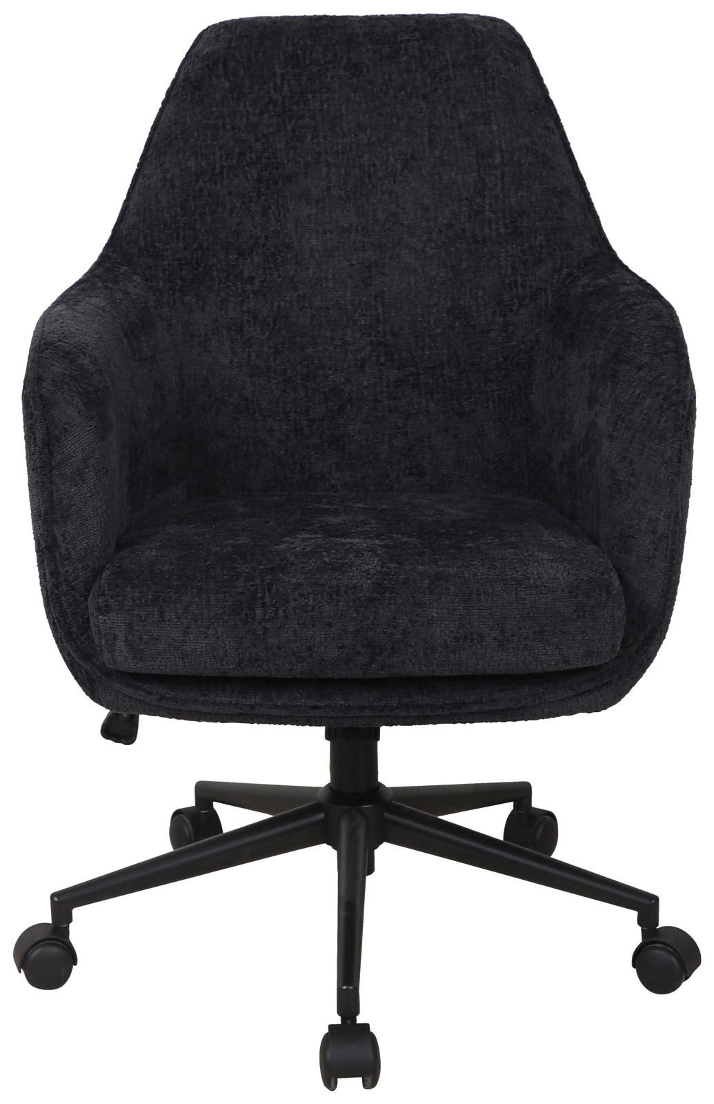 Schwarzer Drehstuhl mit gepolstertem Sitz und Rückenlehne, Vorderansicht