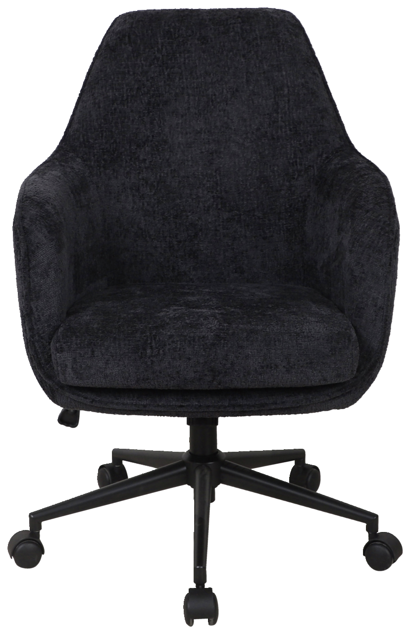 Schwarzer Drehstuhl mit gepolstertem Sitz und Rückenlehne, Vorderansicht