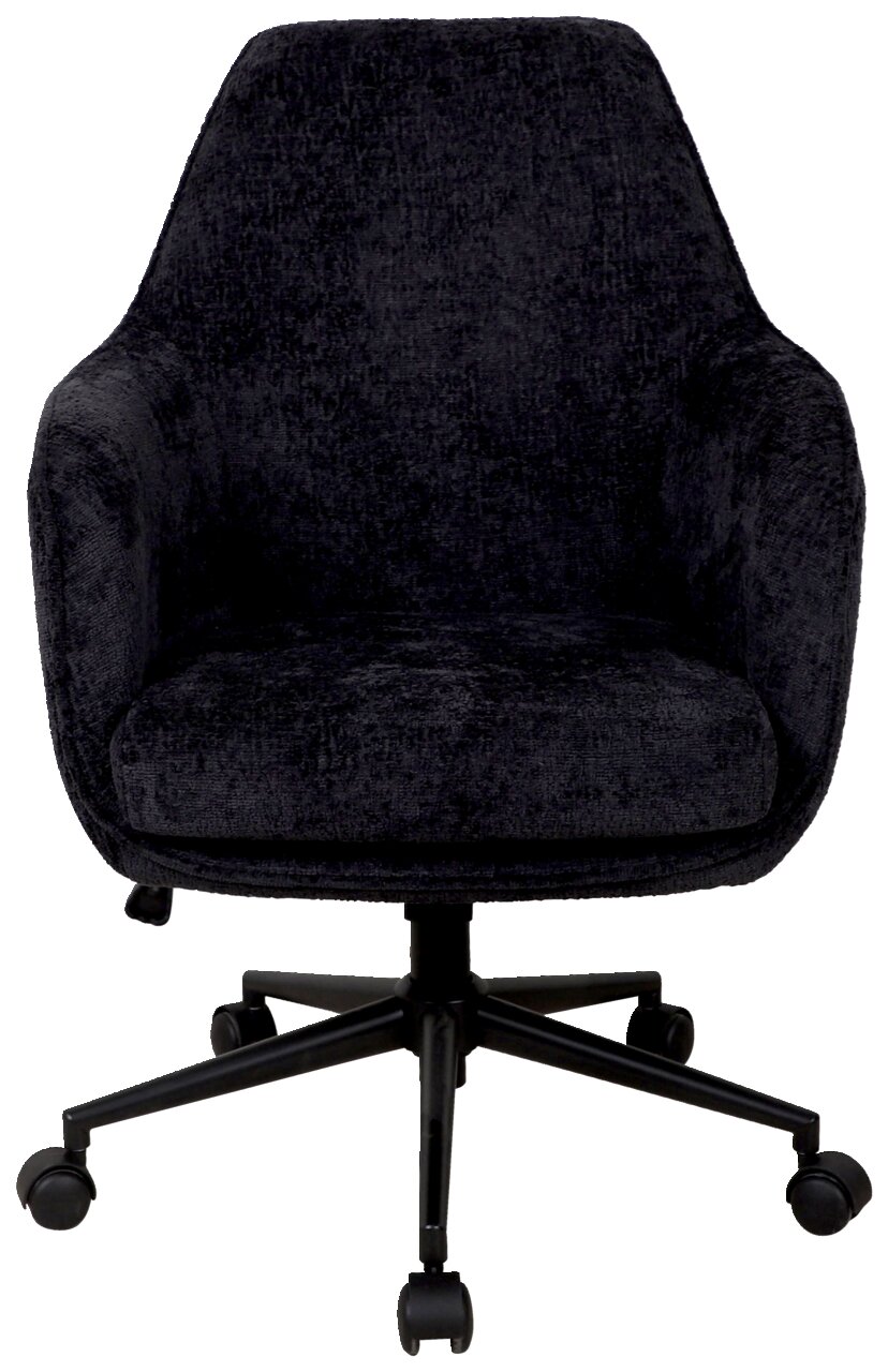 Schwarzer Drehstuhl mit gepolstertem Sitz und Rückenlehne, Vorderansicht