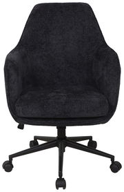 Schwarzer Drehstuhl mit gepolstertem Sitz und Rückenlehne, Vorderansicht