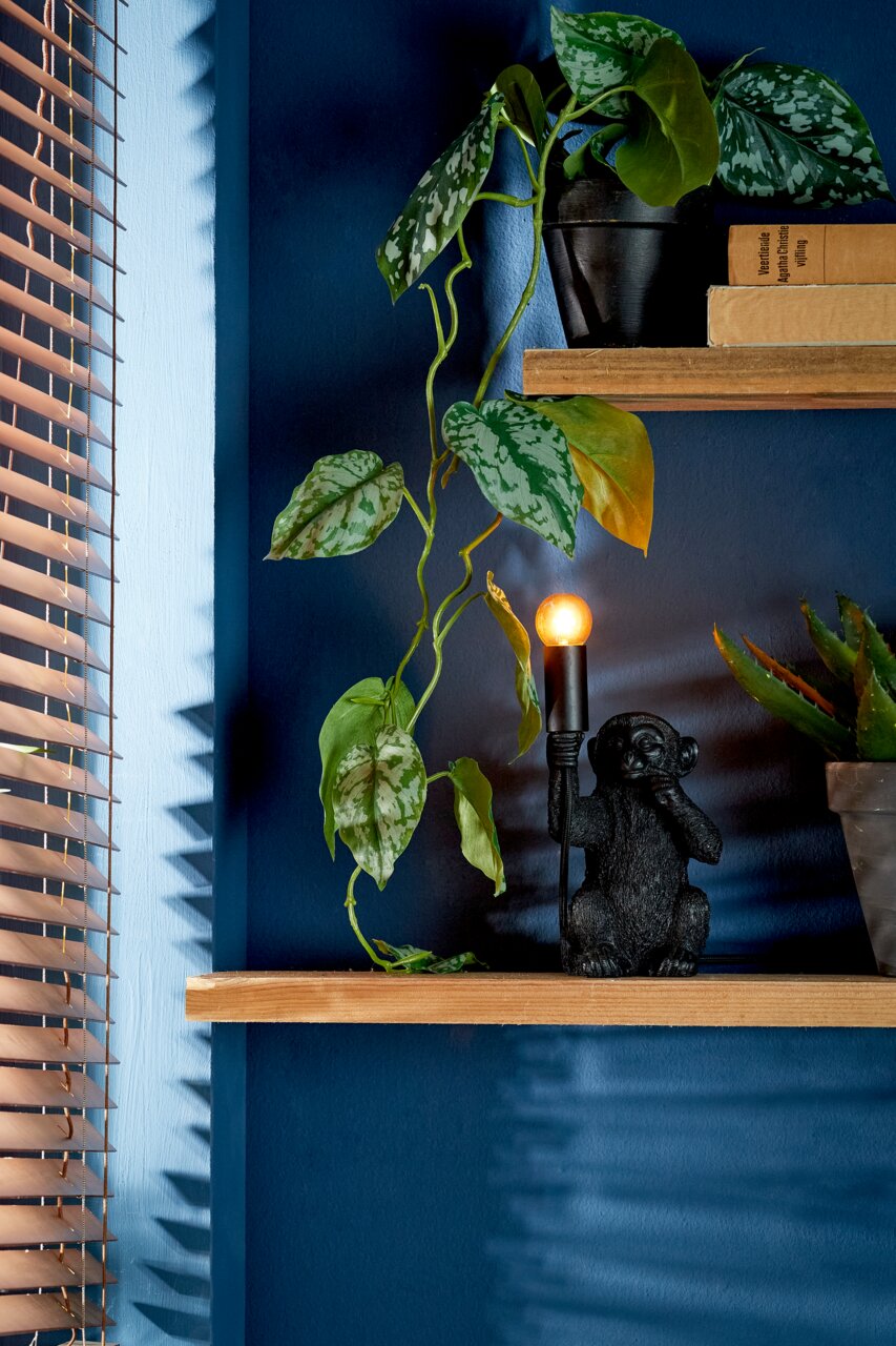 Light&Living Tischleuchte MONKEY Tischleuchte in Form eines Affen, der eine Glühbirne hält, auf einem Regal mit Pflanzen und Büchern, seitliche Perspektive