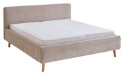 Beiges Polsterbettgestell mit Holzfüßen, seitliche Perspektive