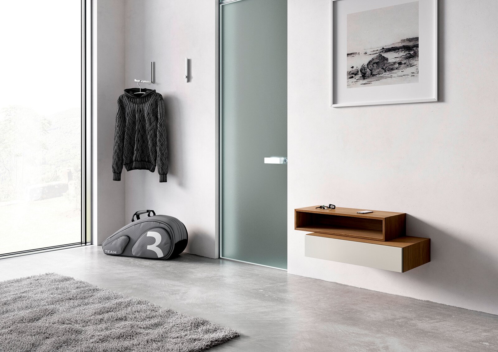 Modernes, schwebendes Wandboard-Set aus Holz und weißer Front im Flur neben einer mattierten Glastür, perspektivisch in leichter Seitenansicht aufgenommen.
