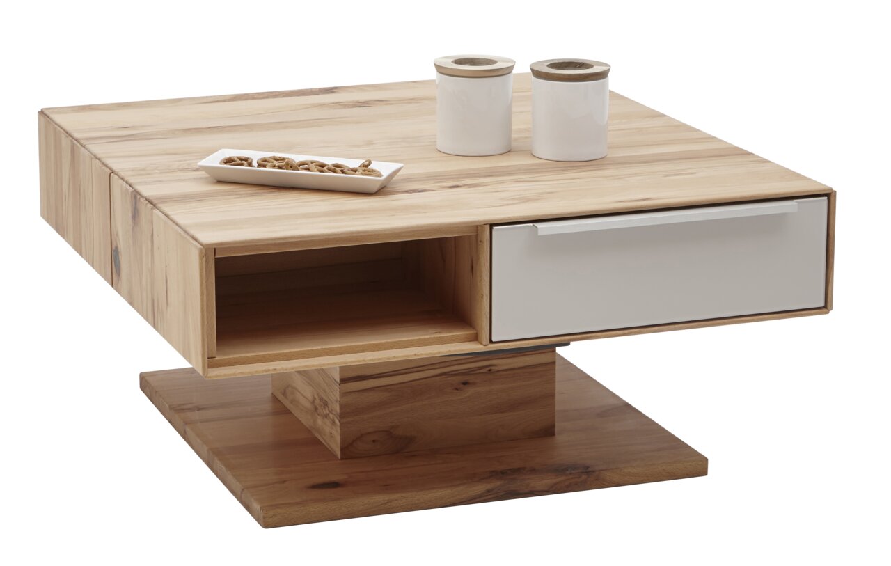 Moderner Couchtisch aus Holz mit Schublade und Ablagefach, seitliche Perspektive