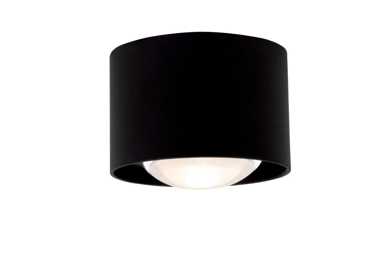 Novel LED-spotkop Schwarzer LED-Spotkopf aus seitlicher Perspektive mit sichtbarer Glaskuppel.