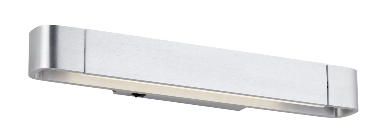 Moderne LED-Wandleuchte BOX aus gebürstetem Metall in seitlicher Perspektive.
