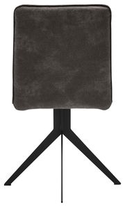 Rückansicht eines modernen Stuhls mit schwarzem Metallgestell und gepolsterter Rückenlehne in dunklem Stoff