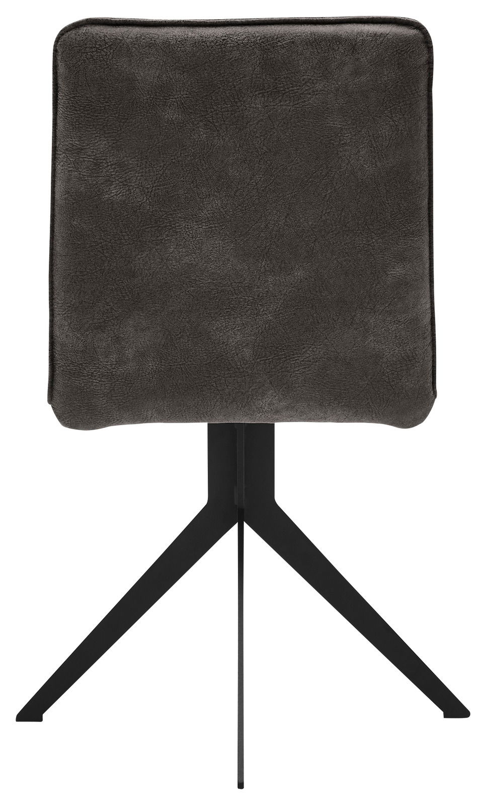 Rückansicht eines modernen Stuhls mit schwarzem Metallgestell und gepolsterter Rückenlehne in dunklem Stoff