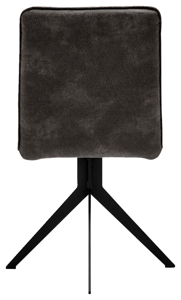 Rückansicht eines modernen Stuhls mit schwarzem Metallgestell und gepolsterter Rückenlehne in dunklem Stoff