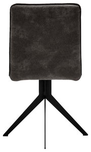 Rückansicht eines modernen Stuhls mit schwarzem Metallgestell und gepolsterter Rückenlehne in dunklem Stoff