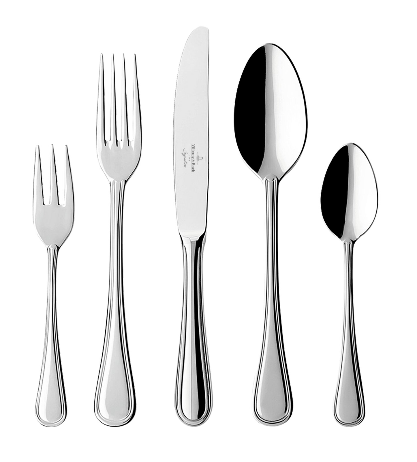 Villeroy & Boch Besteck 30-tlg. NEUFADEN MERLEMONT Poliertes Villeroy & Boch Besteck-Set aus Edelstahl mit Kuchengabel, Speisegabel, Messer, Esslöffel und Teelöffel, frontal von oben freigestellt auf schwarzem Hintergrund