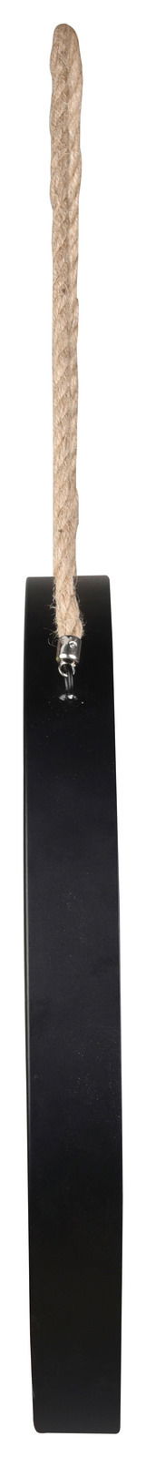 Seitenansicht eines runden Hängespiegels mit schwarzem Rahmen und Seilaufhängung