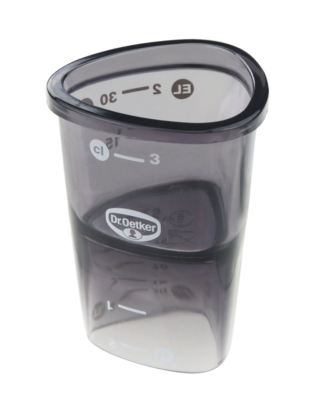 Messbecher 4cl von Dr. Oetker, dreieckige Form, seitliche Perspektive