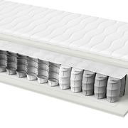 Querschnitt einer Taschenfederkernmatratze mit sichtbaren Federn und Schichten, seitliche Perspektive