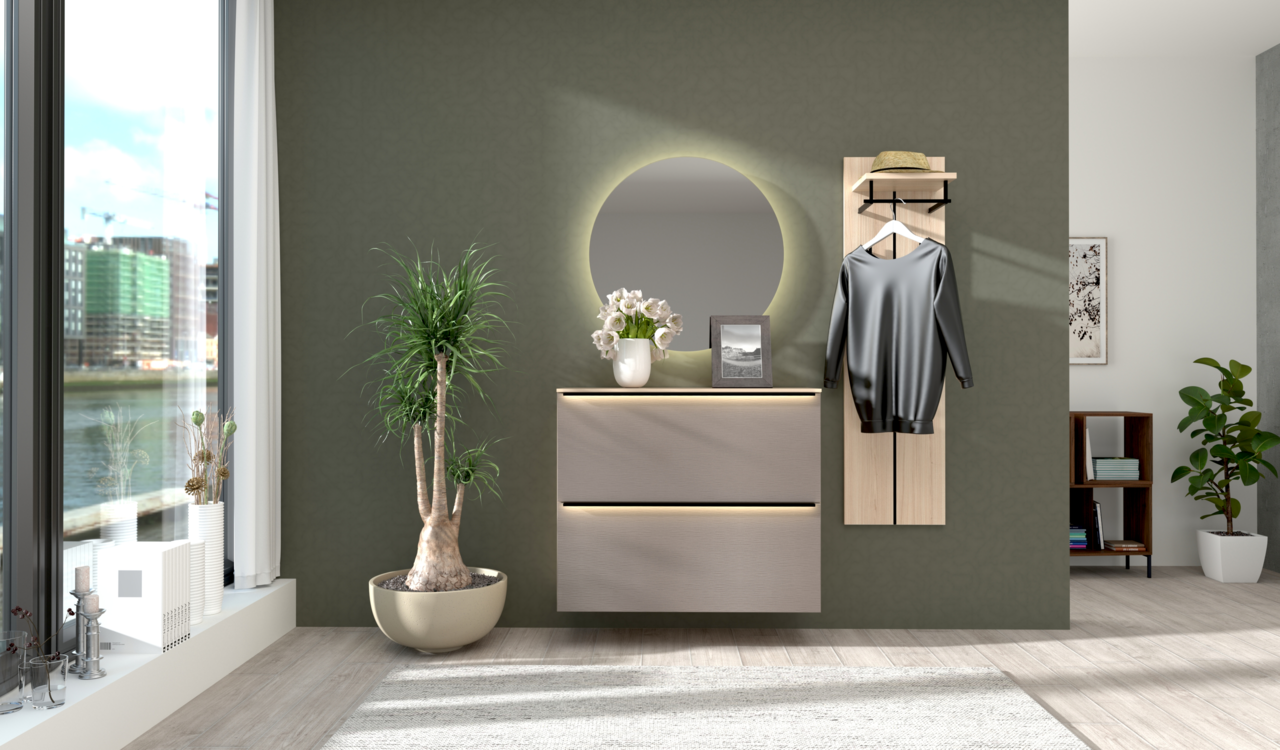 Moderne Garderoben-Kombination mit rundem Spiegel, zwei Schubladen und Kleiderhaken, frontal betrachtet.