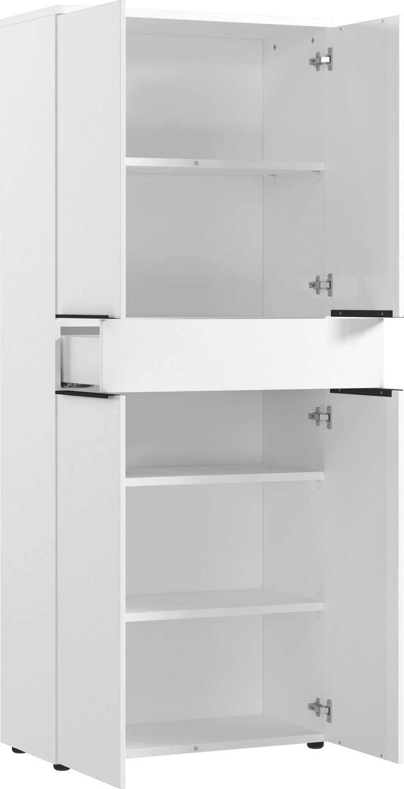 Weißer Aktenschrank mit offenen Türen und Schublade, seitliche Perspektive