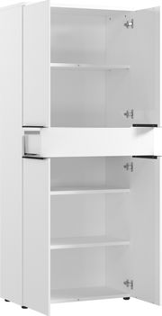 Weißer Aktenschrank mit offenen Türen und Schublade, seitliche Perspektive