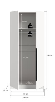 Weißer zweitüriger Kleiderschrank mit geöffneten Türen in Frontalansicht, Innenraum mit Ablagefächern und Maßangaben (Höhe 181 cm, Breite 80 cm, Tiefe 52 cm) sowie Belastbarkeit 5 kg/20 kg.