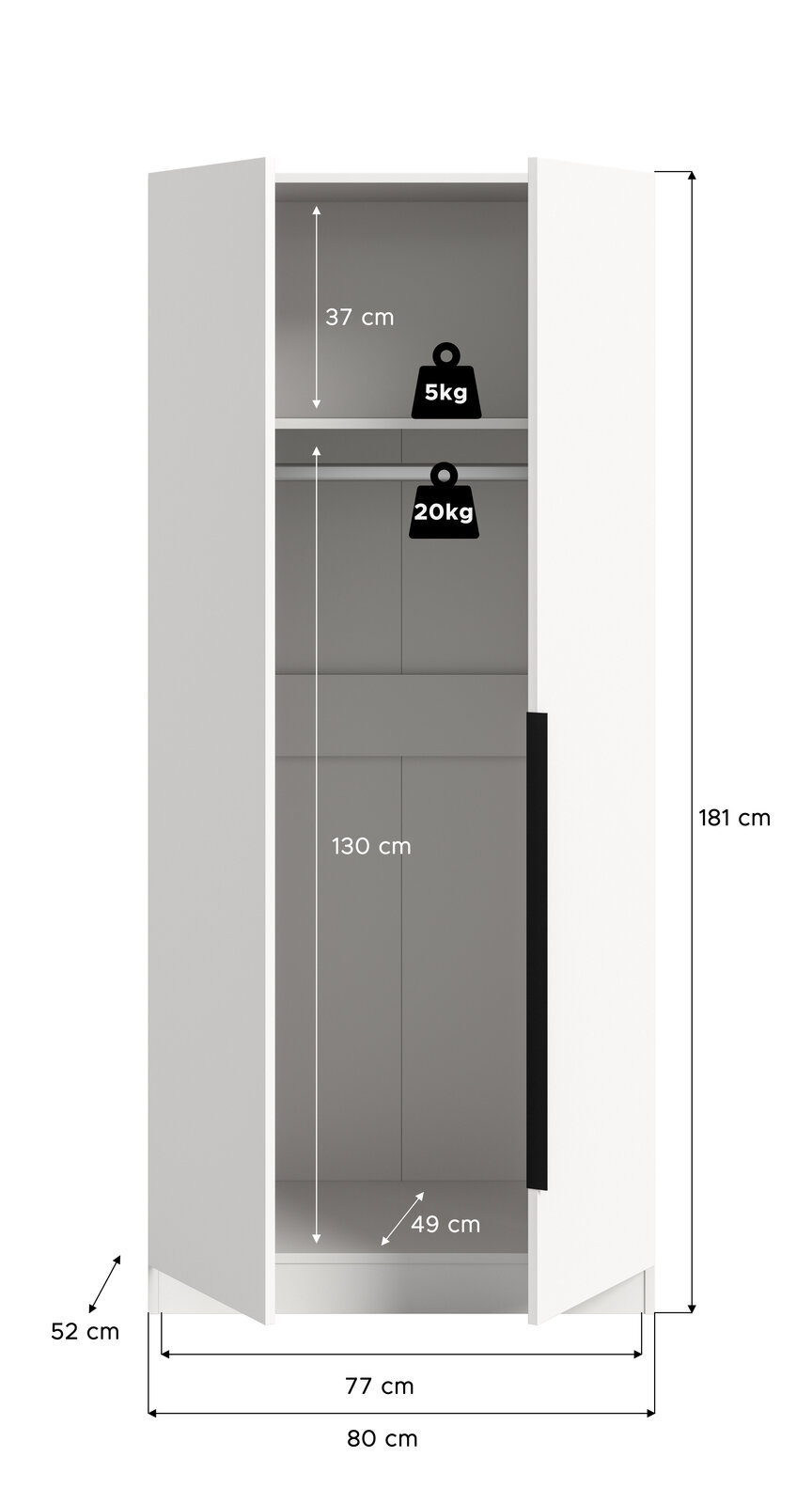 Weißer zweitüriger Kleiderschrank mit geöffneten Türen in Frontalansicht, Innenraum mit Ablagefächern und Maßangaben (Höhe 181 cm, Breite 80 cm, Tiefe 52 cm) sowie Belastbarkeit 5 kg/20 kg.