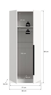 Weißer zweitüriger Kleiderschrank mit geöffneten Türen in Frontalansicht, Innenraum mit Ablagefächern und Maßangaben (Höhe 181 cm, Breite 80 cm, Tiefe 52 cm) sowie Belastbarkeit 5 kg/20 kg.