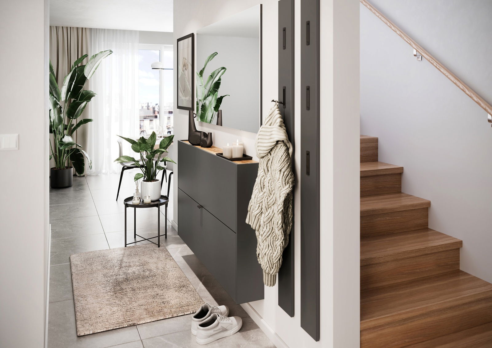 Moderner Schuhschrank in einem stilvollen Flur mit Pflanzen und Treppe, seitliche Perspektive