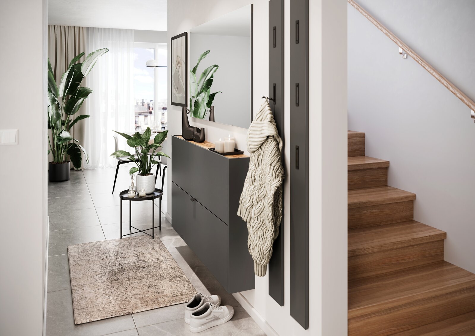 Moderner Schuhschrank in einem stilvollen Flur mit Pflanzen und Treppe, seitliche Perspektive