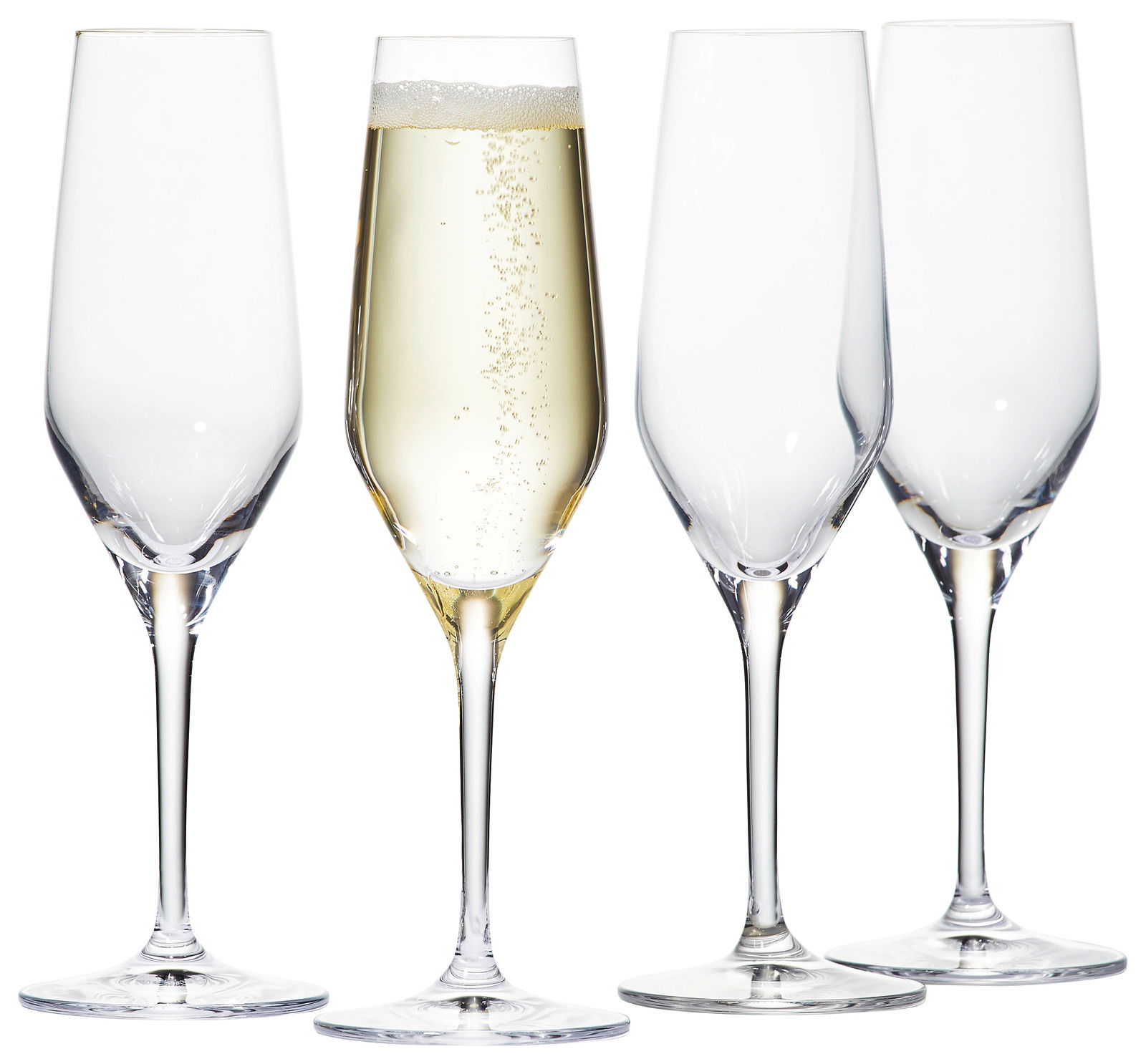 Spiegelau Champagnerkelch Style 4er-Set Vier Champagnerkelche, einer mit sprudelndem Getränk gefüllt, aus der Frontalperspektive.