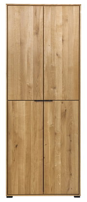 Hoher zweitüriger Holzschrank in Eichenoptik mit natürlicher Maserung und schwarzen Griffleisten, frontale Ansicht