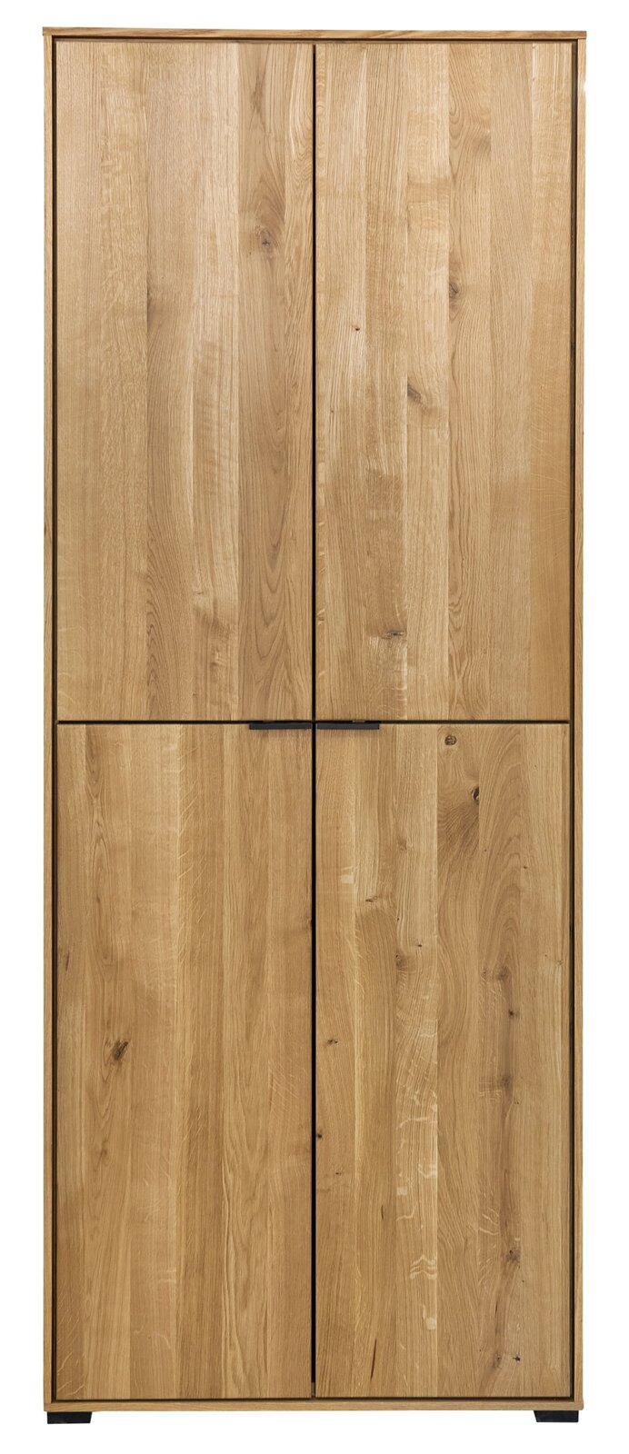 Hoher zweitüriger Holzschrank in Eichenoptik mit natürlicher Maserung und schwarzen Griffleisten, frontale Ansicht