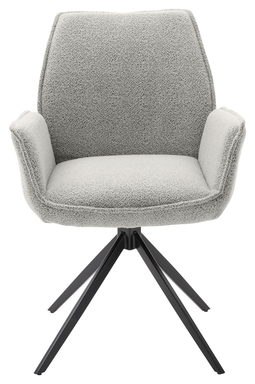 Grauer Armlehnstuhl mit schwarzem Metallgestell, Frontalansicht