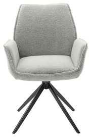 Grauer Armlehnstuhl mit schwarzem Metallgestell, Frontalansicht