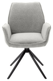 Grauer Armlehnstuhl mit schwarzem Metallgestell, Frontalansicht