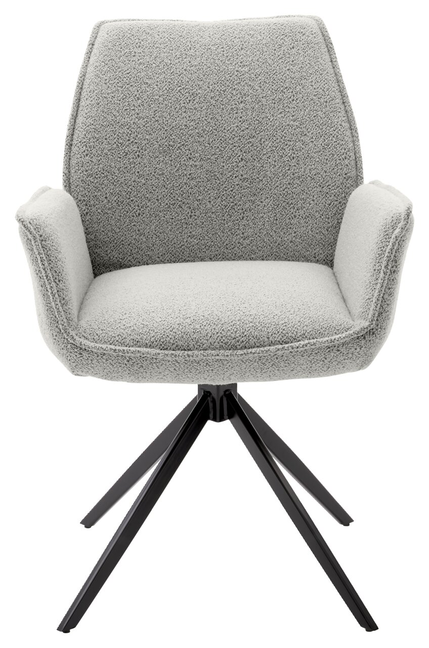 Grauer Armlehnstuhl mit schwarzem Metallgestell, Frontalansicht