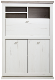 Weißer Sekretär mit zwei Türen und offenen Fächern, Frontalansicht