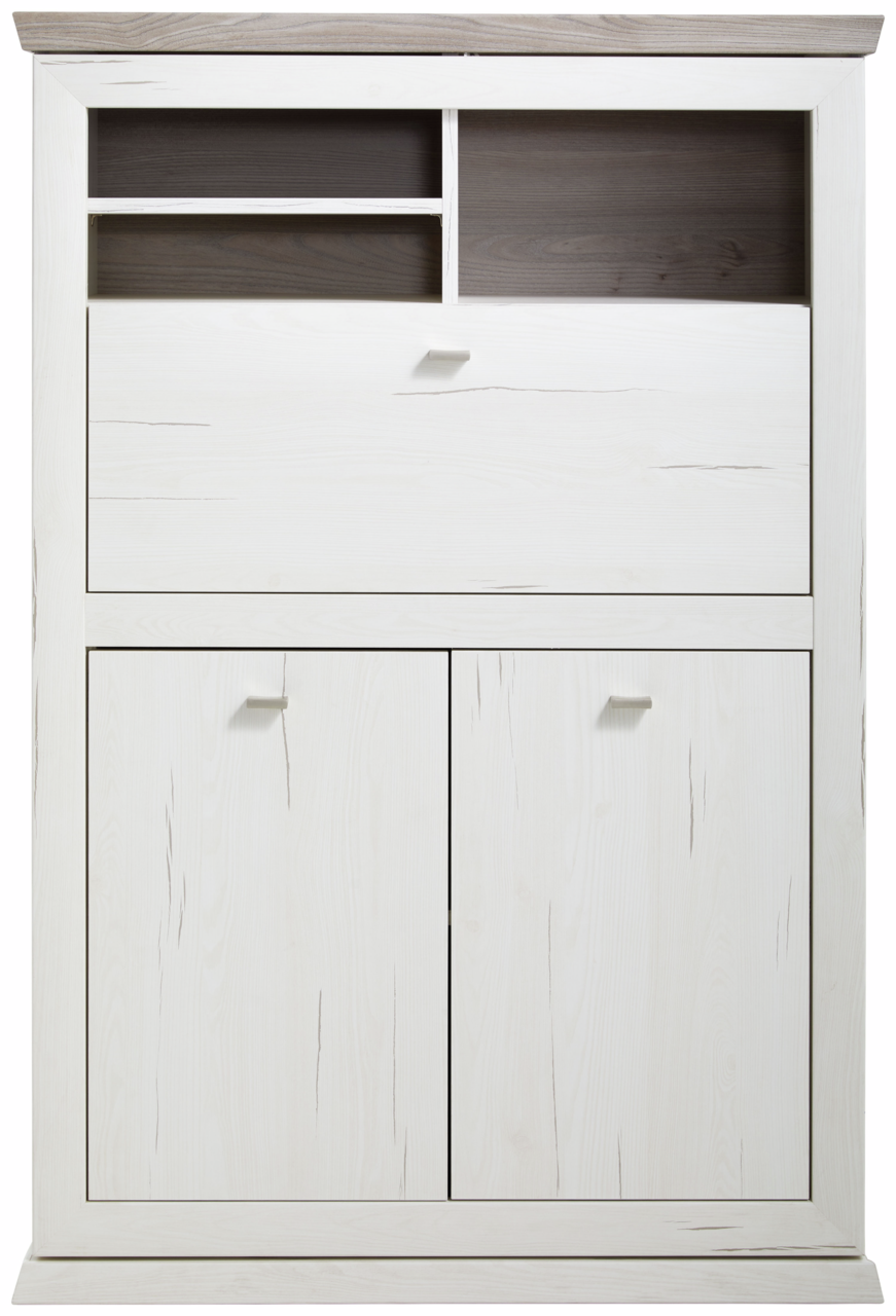 Weißer Sekretär mit zwei Türen und offenen Fächern, Frontalansicht