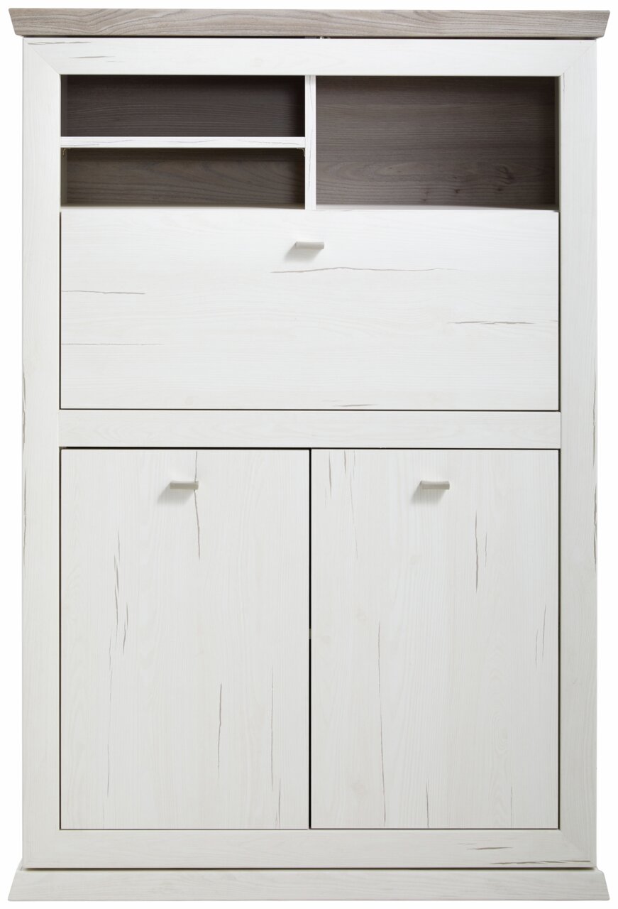 Weißer Sekretär mit zwei Türen und offenen Fächern, Frontalansicht