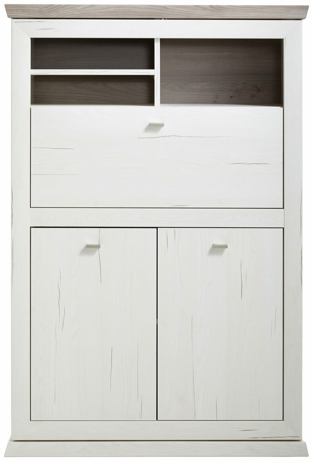 Weißer Sekretär mit zwei Türen und offenen Fächern, Frontalansicht