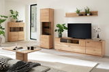 Modernes Wohnzimmer mit einem Highboard aus Holz, umgeben von Pflanzen und stilvollen Dekorationen, seitliche Perspektive.