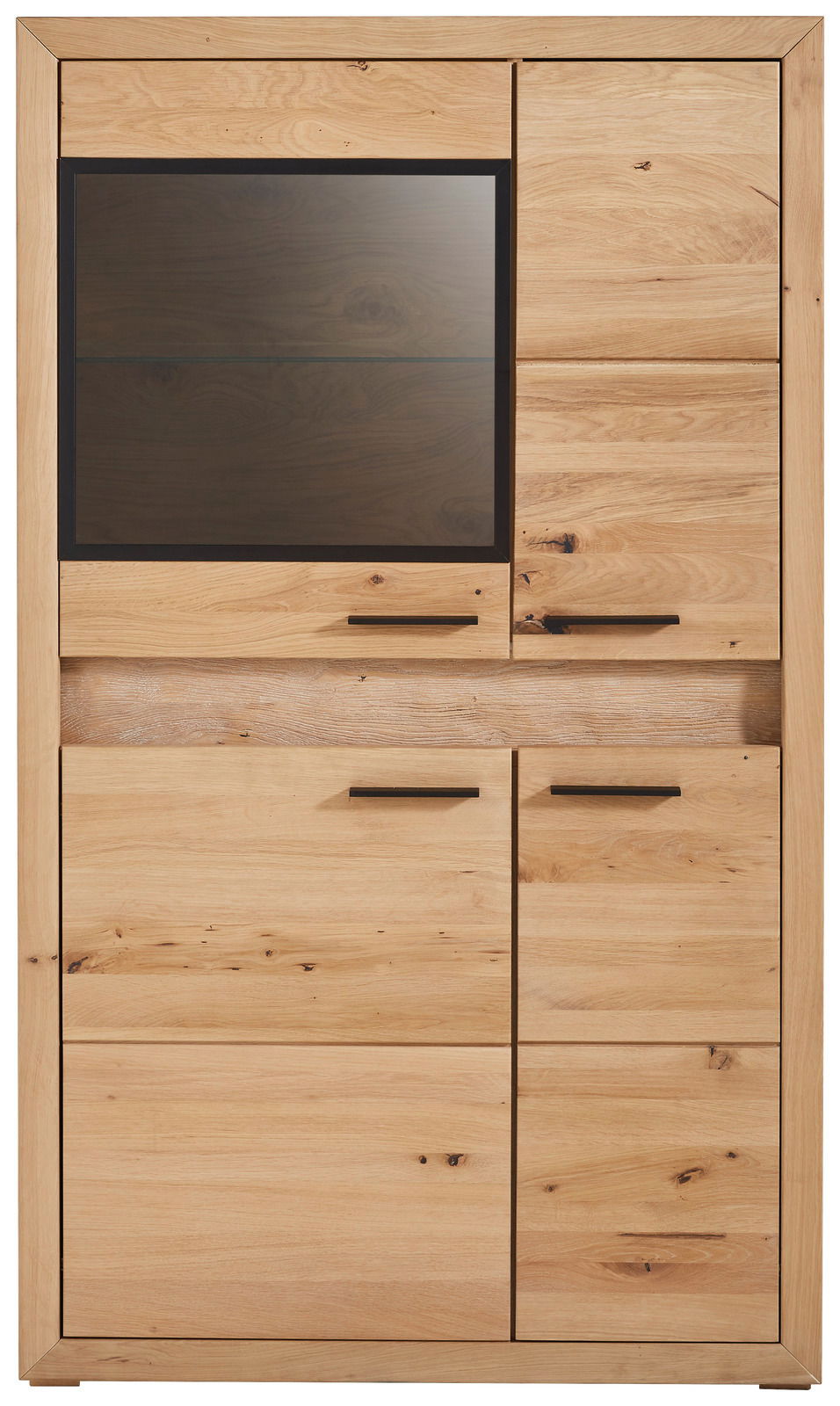 Frontale Ansicht eines Highboards aus Holz mit mehreren Schubladen und einem Glaseinsatz.