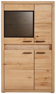 Frontale Ansicht eines Highboards aus Holz mit mehreren Schubladen und einem Glaseinsatz.