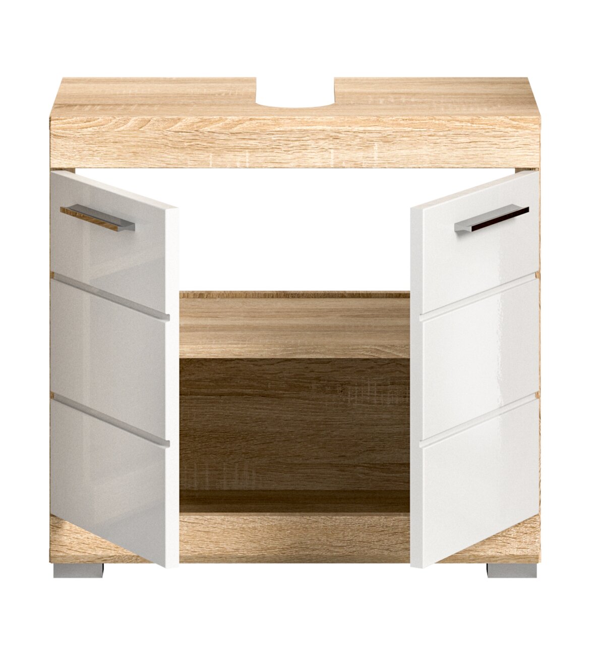 Waschbeckenunterschrank aus Holz mit zwei offenen Türen, Frontansicht