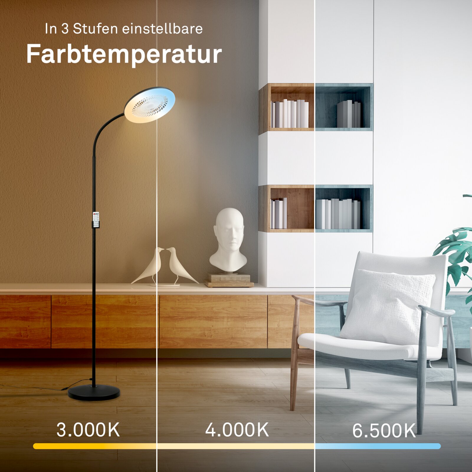 Briloner Staande lamp met ventilator WINDY Zwarte led-staande lamp met ronde lampkop en bedieningspaneel op de voet in de woonkamer, vooraanzicht; weergave van de in drie standen instelbare kleurtemperatuur: 3000 K, 4000 K en 6500 K