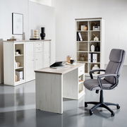 Moderner Schreibtisch in heller Holzoptik, frontal fotografiert, umgeben von passenden Regalen und einem ergonomischen Bürostuhl.