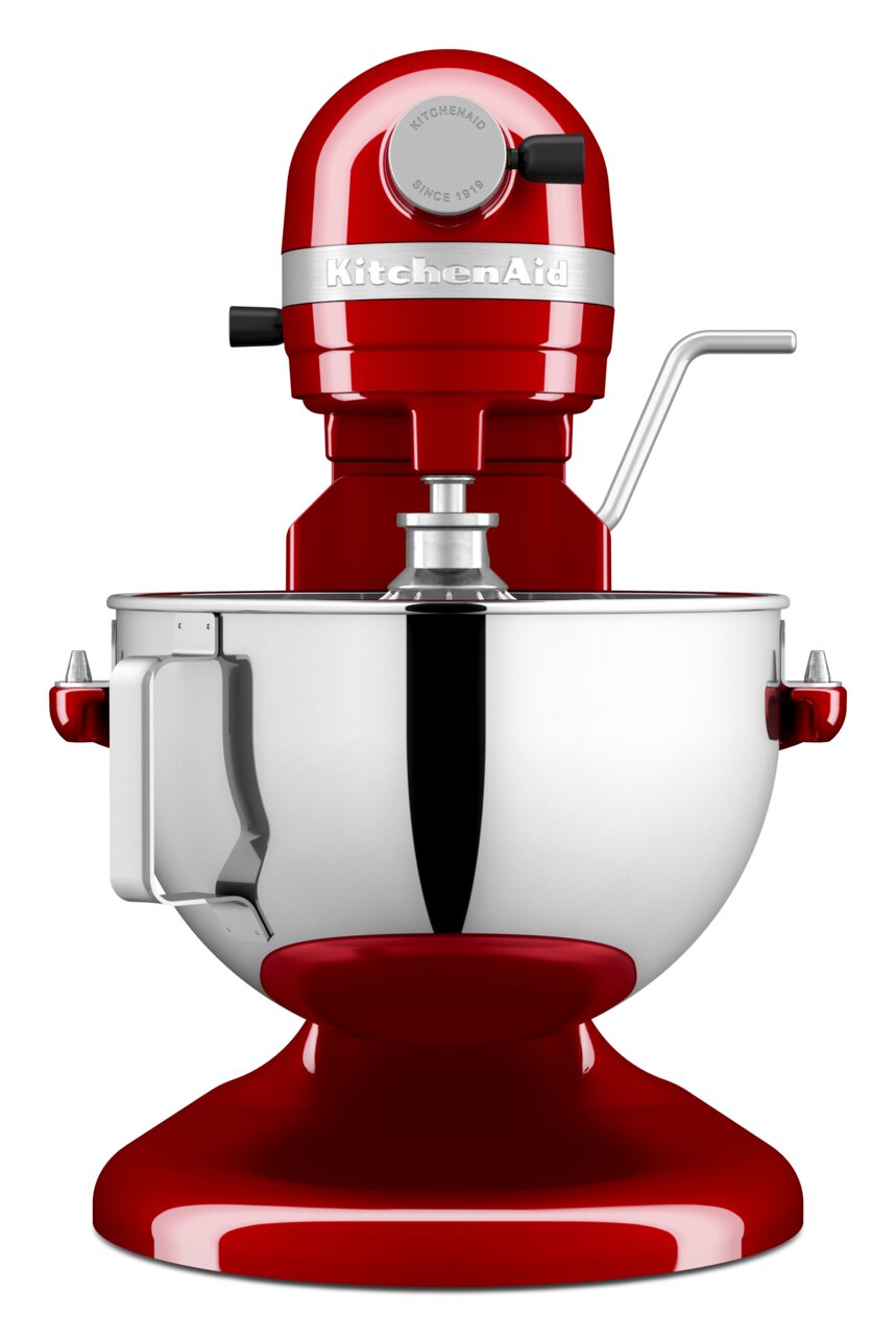 Rote Küchenmaschine Heavy Duty 5,2L von vorne mit Edelstahl-Rührschüssel