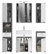 Moderne Badkombination mit Beleuchtung, bestehend aus mehreren Schränken und einem Waschbecken, frontal abgebildet.